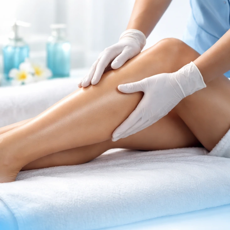 Mujer en camilla recibiendo un masaje en sus piernas cansadas por profesional de Dr. Feet