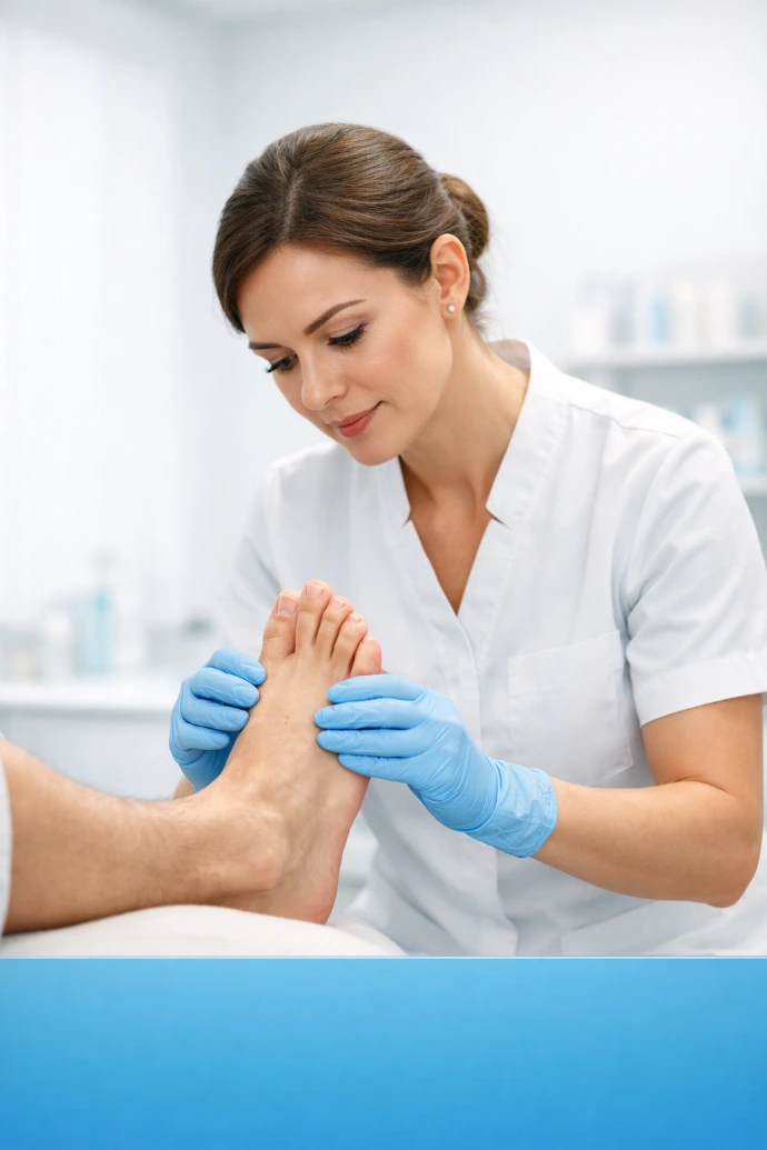 Mujer profesional, podologa dando el cuidado integral a los pies de sus pacientes.